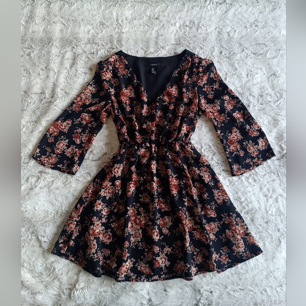 Forever 21 Pink and Orange Fit and Flare Dress with Bell Sleeves